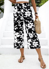 Black Soft Floral Print Wide Leg Elastic Waist Pants | thumb picture 