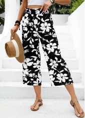 Black Soft Floral Print Wide Leg Elastic Waist Pants | thumb picture 