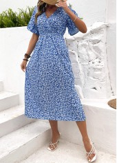 Blue Ditsy Floral Print Shirred Short Sleeve Dress | thumb picture 