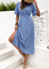 Blue Ditsy Floral Print Shirred Short Sleeve Dress | thumb picture 