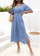 Blue Ditsy Floral Print Shirred Short Sleeve Dress | thumb picture 