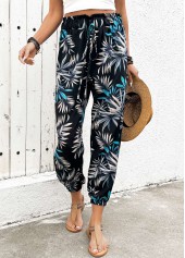 Black Plants Print Jogger Elastic Waist High Waisted Pants | thumb picture 