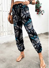 Black Plants Print Jogger Elastic Waist High Waisted Pants | thumb picture 