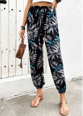 Black Plants Print Jogger Elastic Waist High Waisted Pants | thumb picture 