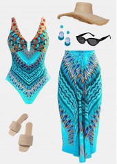 Tummy Control Tribal Print One Piece Swimwear and Skirt