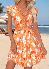 Orange Tummy Coverage Floral Print Short V Neck Dress