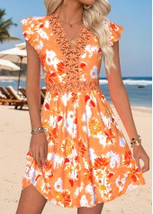 Orange Tummy Coverage Floral Print Short V Neck Dress | thumb picture 