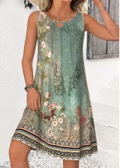 Sage Green Tummy Coverage Random Floral Print Sleeveless Dress