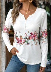 White Button Floral Print Long Sleeve T Shirt