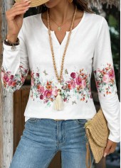 White Button Floral Print Long Sleeve T Shirt | thumb picture 