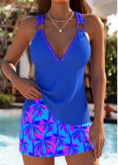 Lace Up Royal Blue Tropical Plants Print Tankini Set