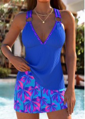 Lace Up Royal Blue Tropical Plants Print Tankini Set