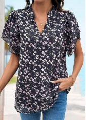 Black Ditsy Floral Print Tummy Coverage Short Sleeve Blouse