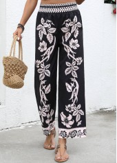 Black Flowy Plants Print Wide Leg Elastic Waist Pants