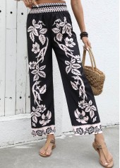 Black Flowy Plants Print Wide Leg Elastic Waist Pants | thumb picture 