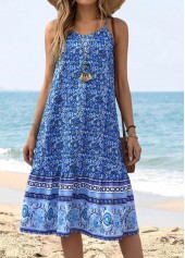 Blue Tummy Coverage Tribal Print Strappy Bandeau Dress