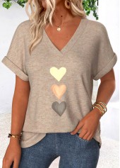 Light Camel Tummy Coverage Heart Print T Shirt