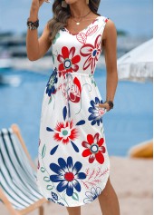 White Floral Print Pocket Sleeveless V Neck Dress