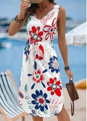 White Floral Print Pocket Sleeveless V Neck Dress | thumb picture 