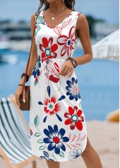 White Floral Print Pocket Sleeveless V Neck Dress | thumb picture 