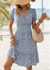Navy Ditsy Floral Print Tummy Coverage Short Sleeve Dress