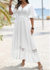 White Maxi Smocked Half Sleeve V Neck Dress | thumb picture 