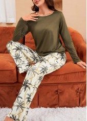 Olive Green Tropical Plants Print Lounge Top and Pants | thumb picture 