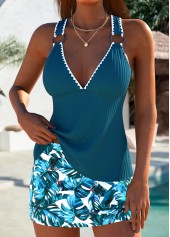 Lace Up Peacock Blue Plants Print Tankini Set | thumb picture 