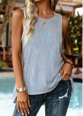 Blue Tummy Coverage Striped Sleeveless Round Neck Tank Top | thumb picture 