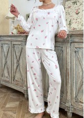 White Floral Print Long Sleeve Lounge Top and Pants