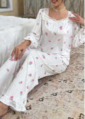 White Floral Print Long Sleeve Lounge Top and Pants | thumb picture 
