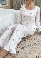 White Floral Print Long Sleeve Lounge Top and Pants | thumb picture 