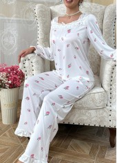 White Floral Print Long Sleeve Lounge Top and Pants | thumb picture 