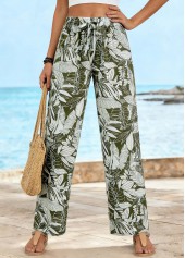 Olive Green Soft Leaf Print Straight Leg Pants