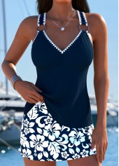 Lace Up Mid Waisted Tropical Plants Print Tankini Set