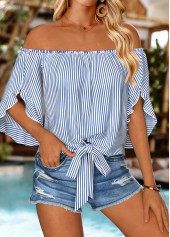 Blue Tie Striped Half Sleeve Off Shoulder Blouse
