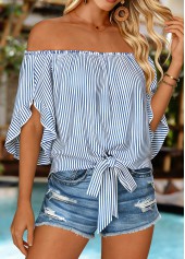 Blue Tie Striped Half Sleeve Off Shoulder Blouse | thumb picture 