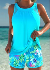 Patchwork Mid Waisted Tropical Plants Print Cyan Tankini Set