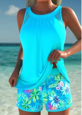 Patchwork Mid Waisted Tropical Plants Print Cyan Tankini Set | thumb picture 