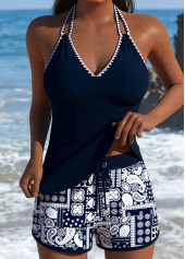 Mid Waisted Patchwork Navy Tankini Set