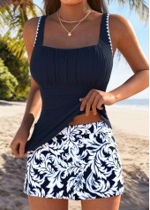 Tummy Coverage Navy Tropical Plants Print Tankini Set | thumb picture 