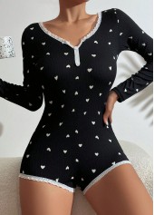Black Heart Print Long Sleeve Split Neck Lounge Jumpsuits