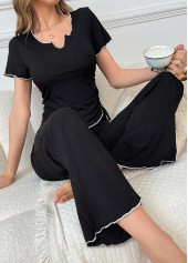 Black Short Sleeve Split Neck Lounge Top and Pants | thumb picture 