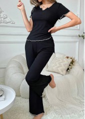 Black Short Sleeve Split Neck Lounge Top and Pants | thumb picture 