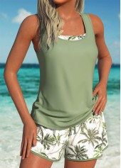 Three-piece Mid Waisted Tropical Plants Print Tankini Set | thumb picture 