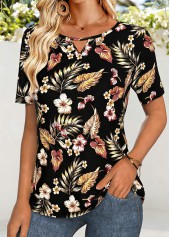 Black Tummy Coverage Floral Print Long Sleeve T Shirt
