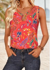 Coral Lace Up Leaf Print Sleeveless Tank Top | thumb picture 