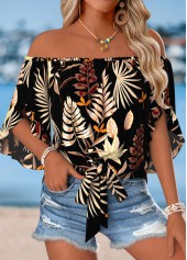 Multi Color Tie Plants Print Half Sleeve Blouse