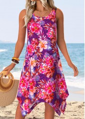 Hot Pink Handkerchief Hem Floral Print Sleeveless Dress