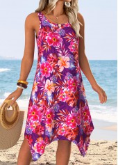 Hot Pink Handkerchief Hem Floral Print Sleeveless Dress | thumb picture 